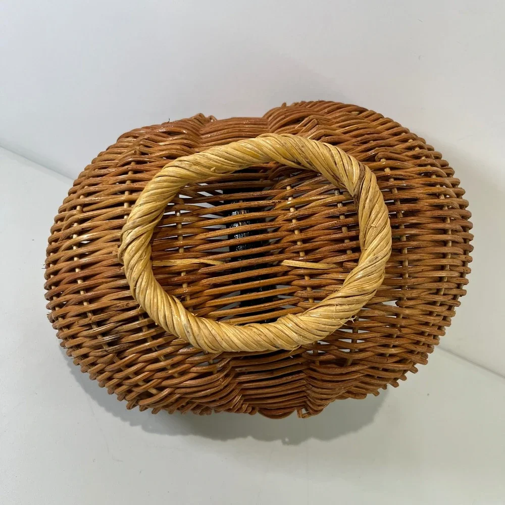 Vintage Woven Wicker Egg Basket Home Brown Black Handle Boho Cottage Farmhouse